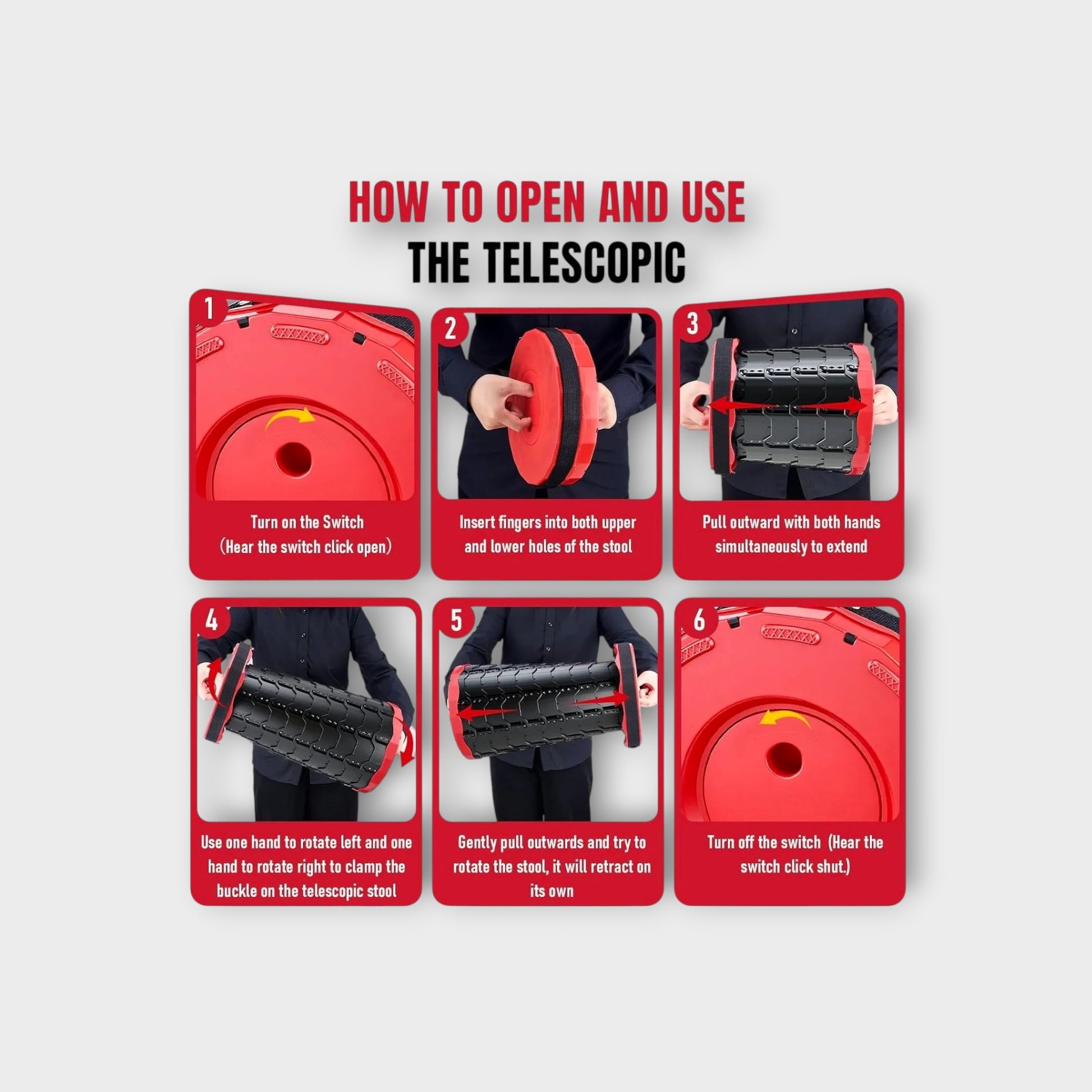Essential Selects red portable collapsible camping stool with step-by-step instructions for opening and closing