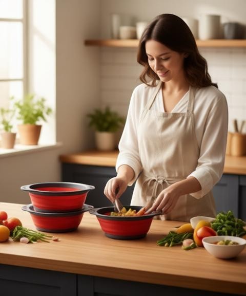 Essential Selects red silicone collapsible colander set with a woman preparing fresh vegetables in a home kitchen.
