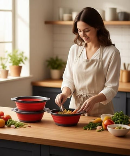 Essential Selects red silicone collapsible colander set with a woman preparing fresh vegetables in a home kitchen.