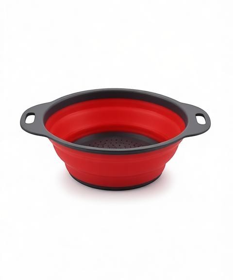 Essential Selects red silicone collapsible colander with ergonomic handles for easy kitchen food draining