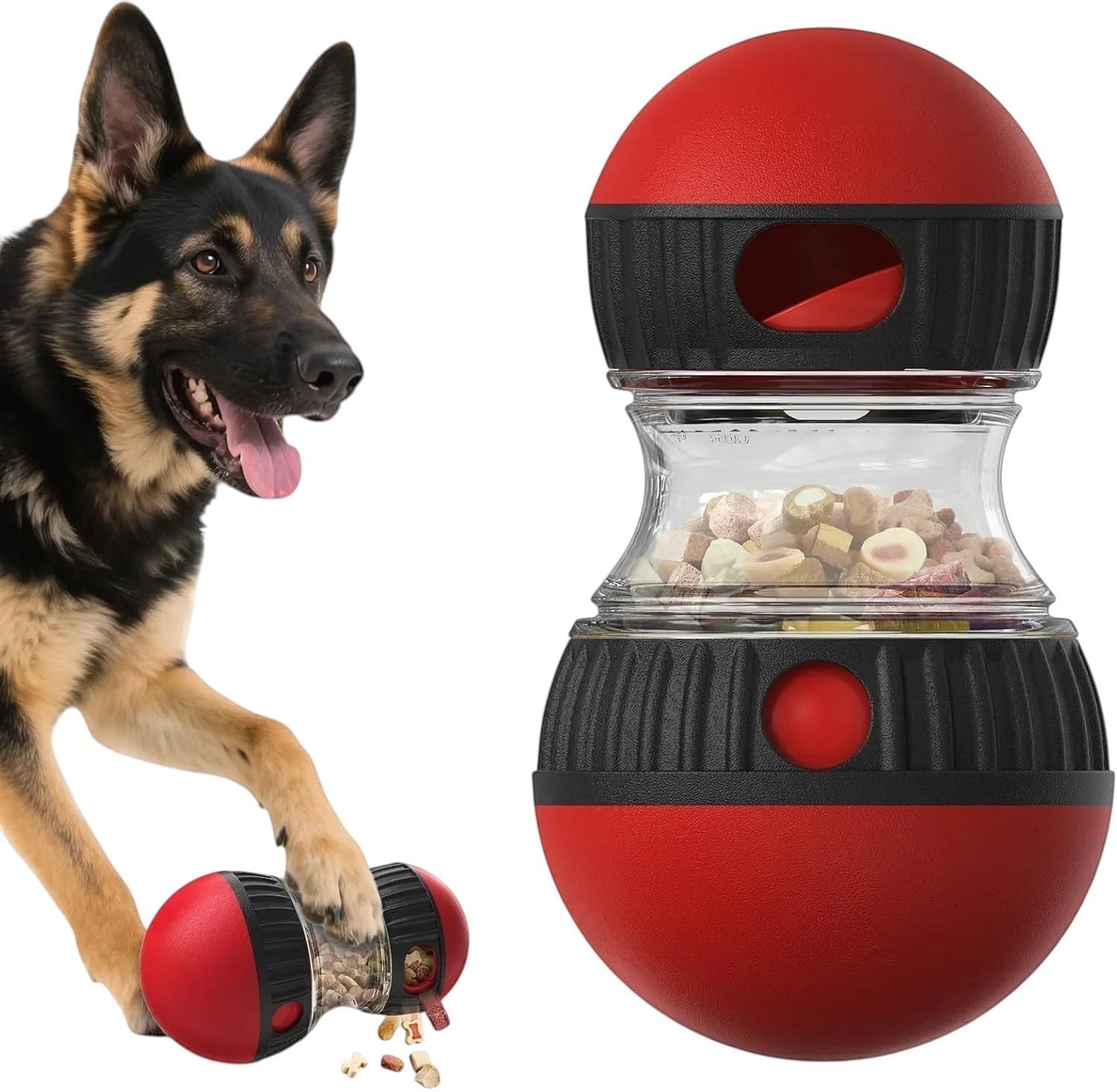Essential Selects red and transparent treat-dispensing dog puzzle toy with adjustable holes for interactive play.