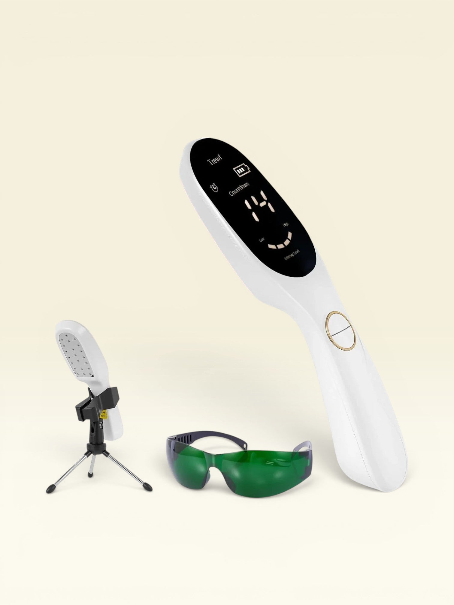 Essential Selects handheld red light therapy device with digital display, tripod stand, and protective green glasses.