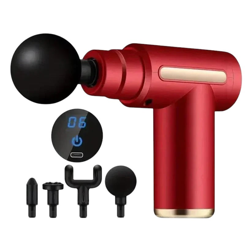 Essential Selects red portable deep muscle massage gun with LED touch screen and four interchangeable massage heads.