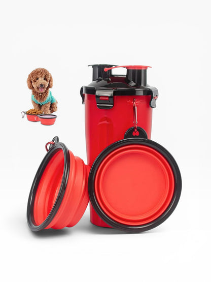 Essential Selects red portable pet travel bottle with two collapsible bowls and a cute dog in a teal sweater