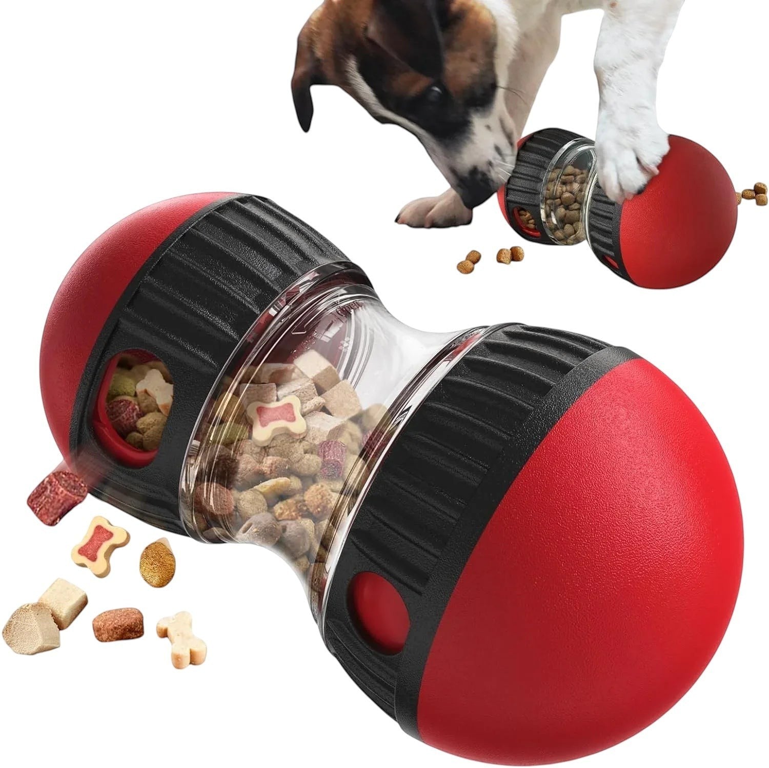 Essential Selects red and transparent plastic treat-dispensing dog puzzle toy with adjustable holes for mental play