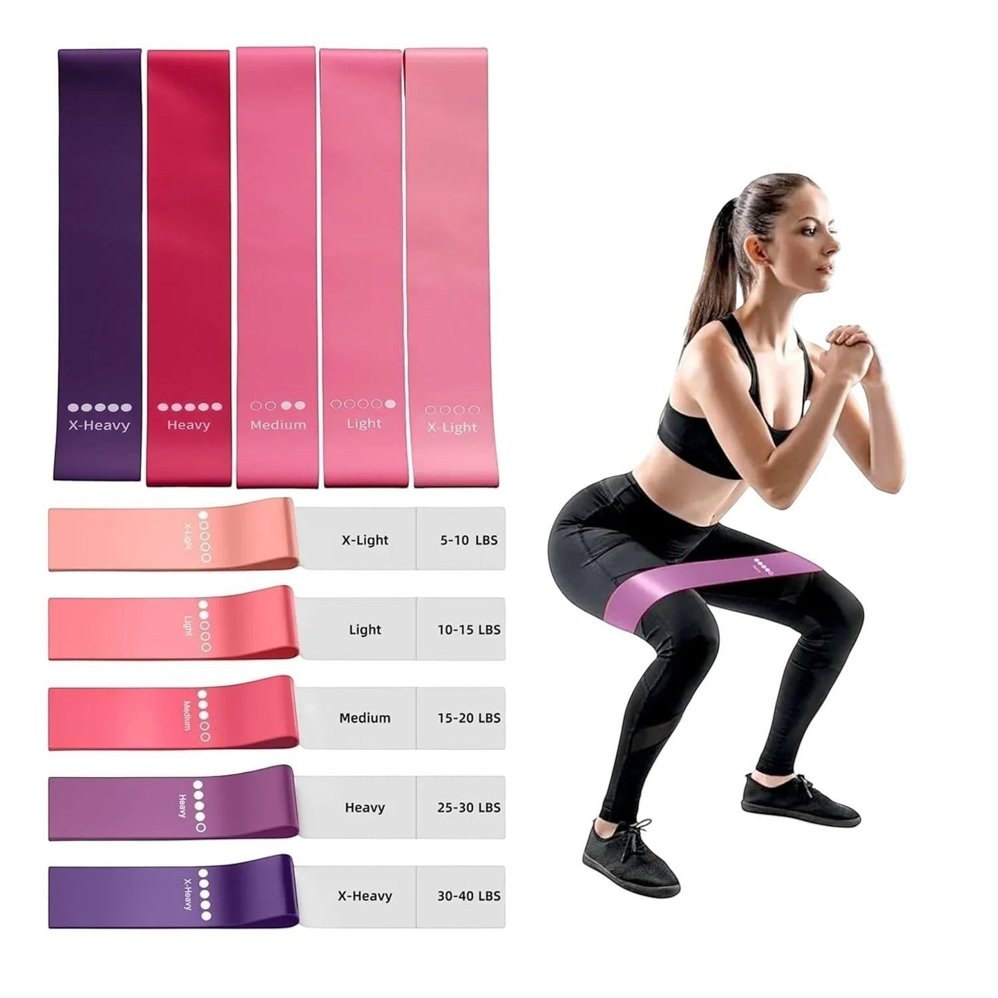 Essential Selects 18-piece yoga set featuring pink and purple resistance bands with a woman demonstrating a squat