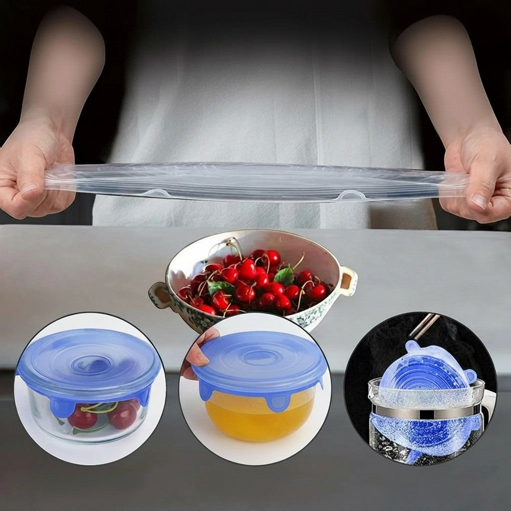 Essential Selects 14-piece reusable blue silicone stretch lids covering various bowls and containers for food storage