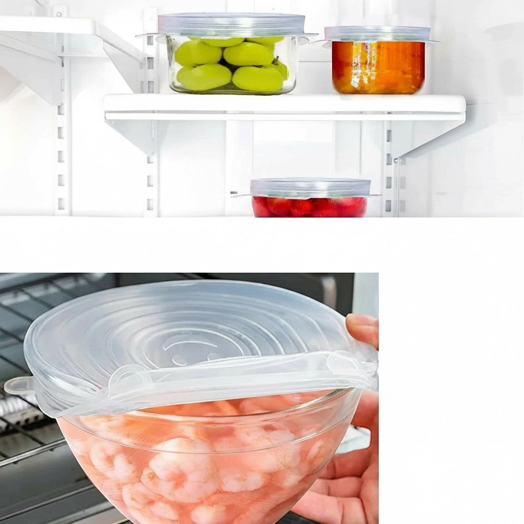 Essential Selects 14-piece reusable silicone stretch lids sealing various glass bowls and jars in a refrigerator
