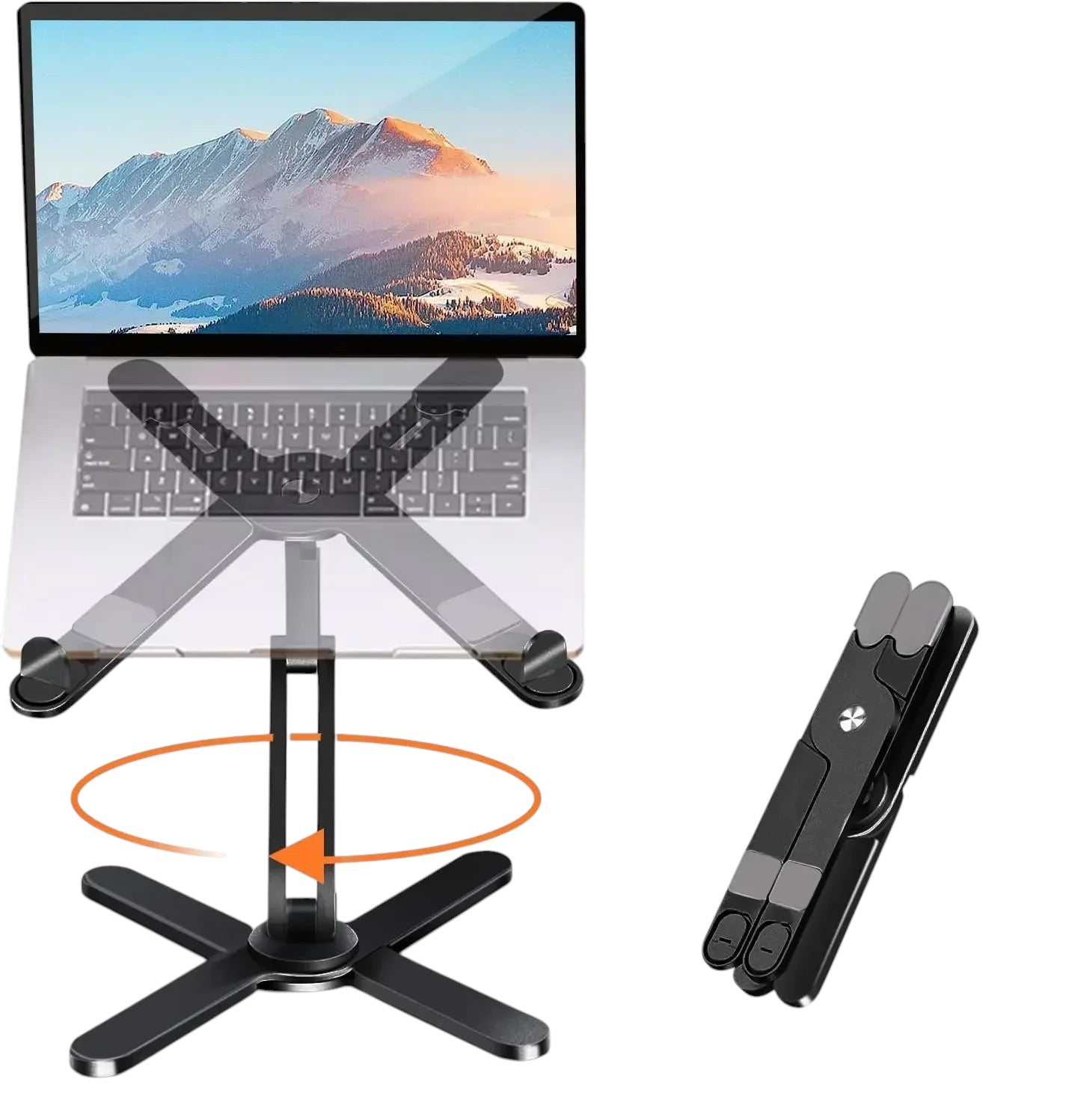 Essential Selects foldable aluminum laptop stand with 360-degree rotation, shown in use and folded for portability.