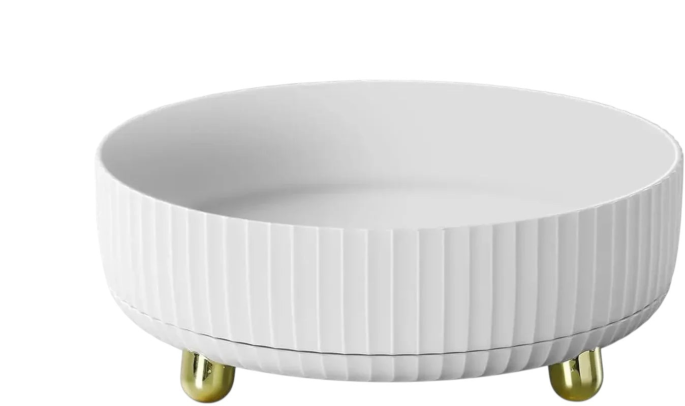 Essential Selects white 360-degree rotating makeup organizer tray with gold feet and ribbed texture