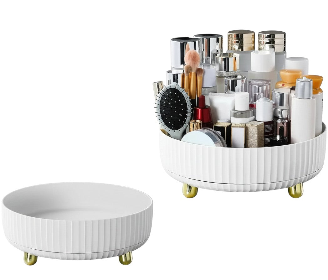 Essential Selects white rotating makeup organizer with gold feet, shown empty and filled with cosmetics and brushes.