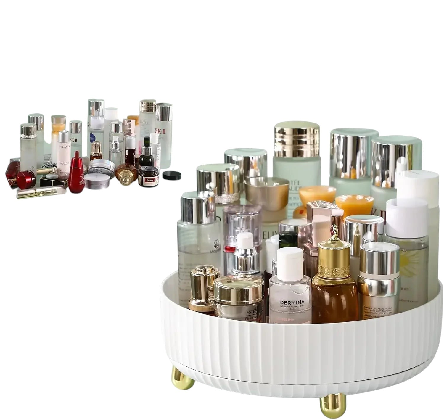 Essential Selects white 360-degree rotating makeup organizer with gold feet holding various skincare and perfume bottles