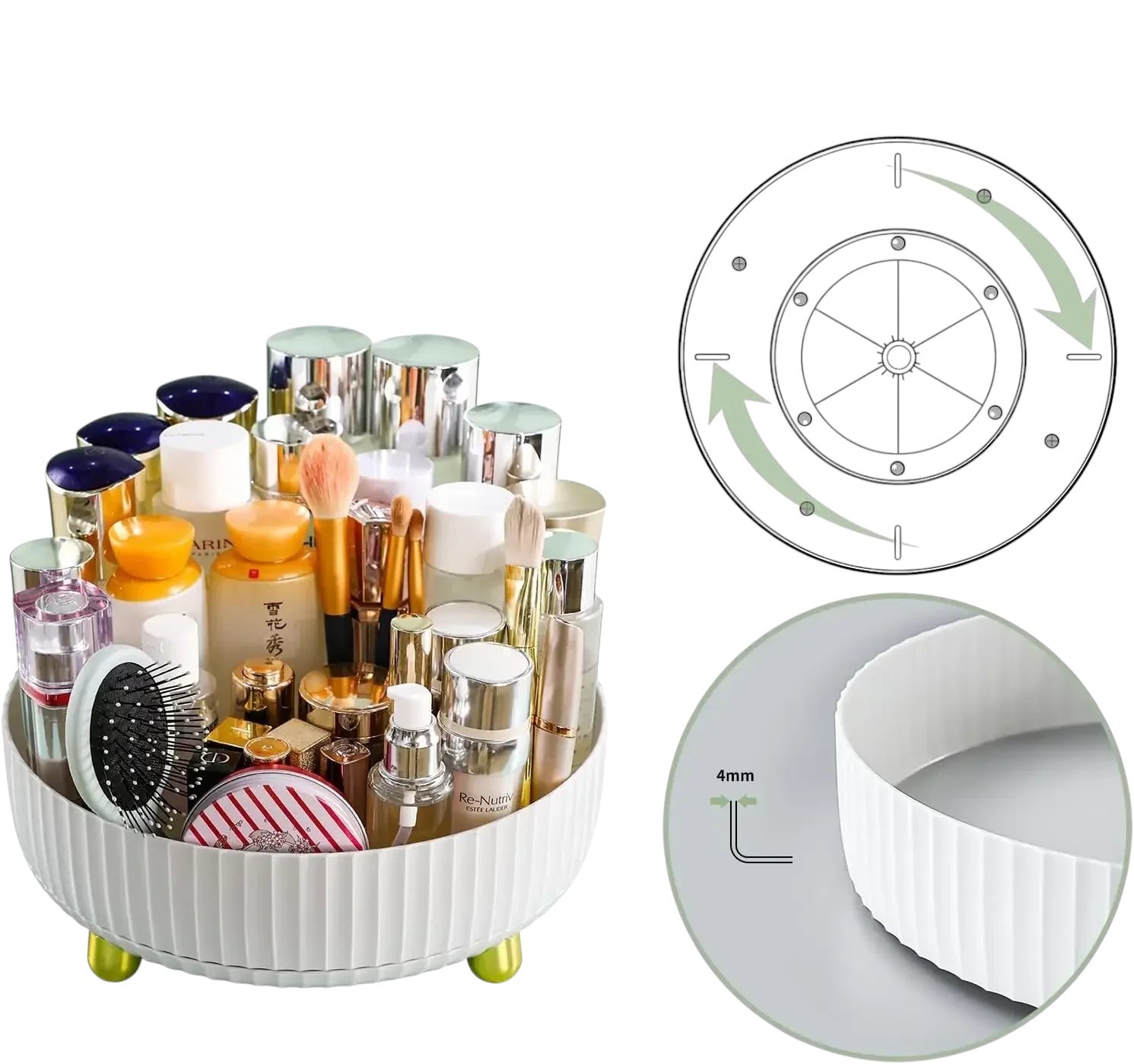 Essential Selects white rotating makeup organizer with cosmetics and brushes on a vanity tray with a 360-degree base.
