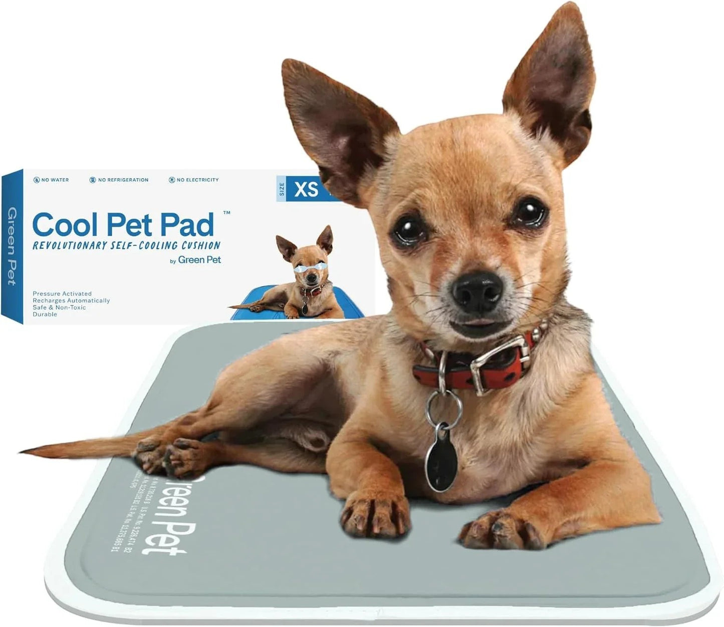 Essential Selects self-cooling gel pet pad with a small dog resting on the blue surface, featuring pressure-activated gel.