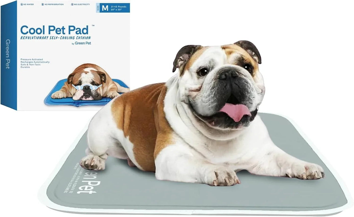 Essential Selects self-cooling gel pet pad in blue with a bulldog resting comfortably on it for heat relief