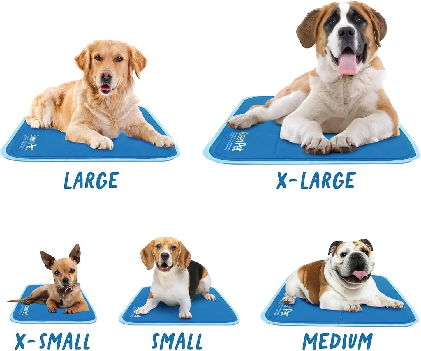 Essential Selects self-cooling gel pet pads in various sizes with dogs resting comfortably on the blue vinyl mats.