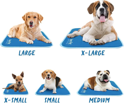 Essential Selects self-cooling gel pet pads in various sizes with dogs resting comfortably on the blue vinyl mats.