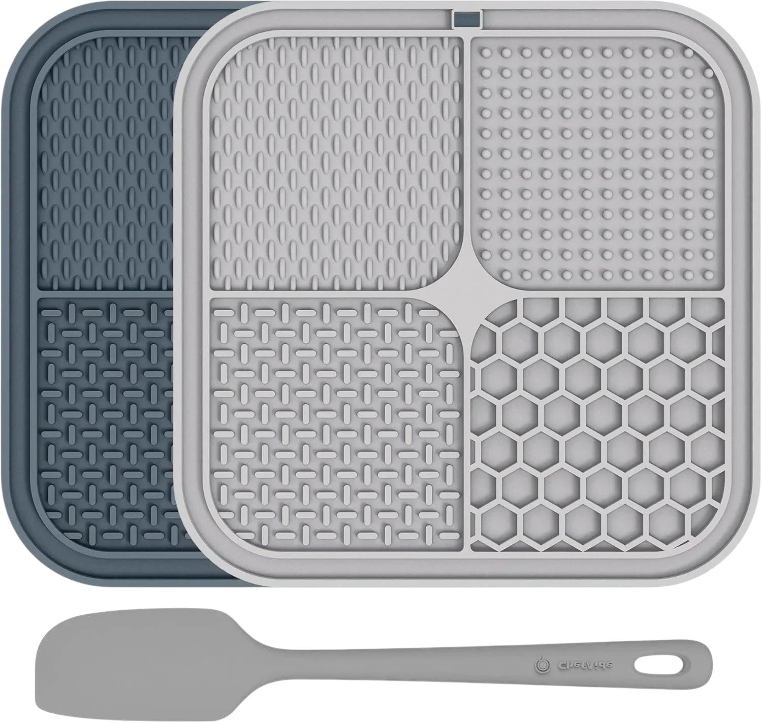 Essential Selects gray and beige silicone lick mats for dogs with four textured surfaces and a matching spatula