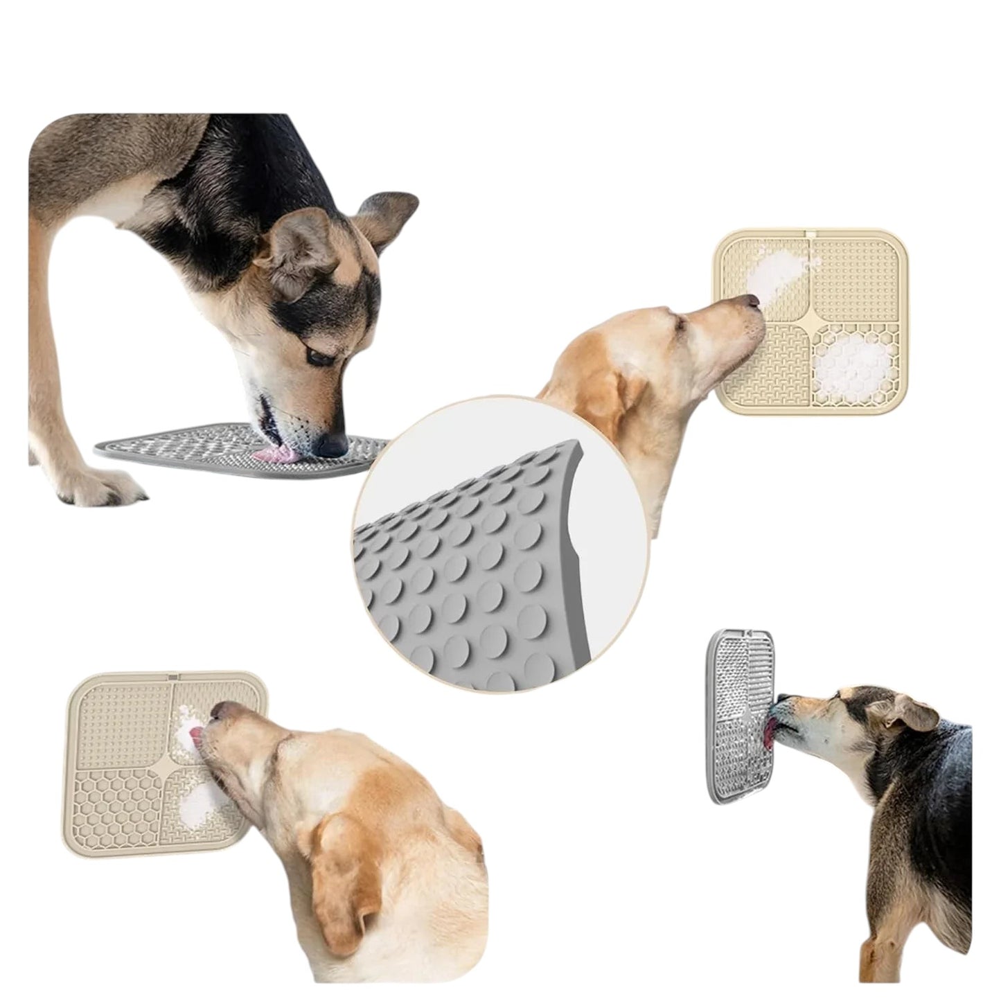 Essential Selects gray and beige silicone lick mats for dogs with suction cups, shown in use on floors and walls.