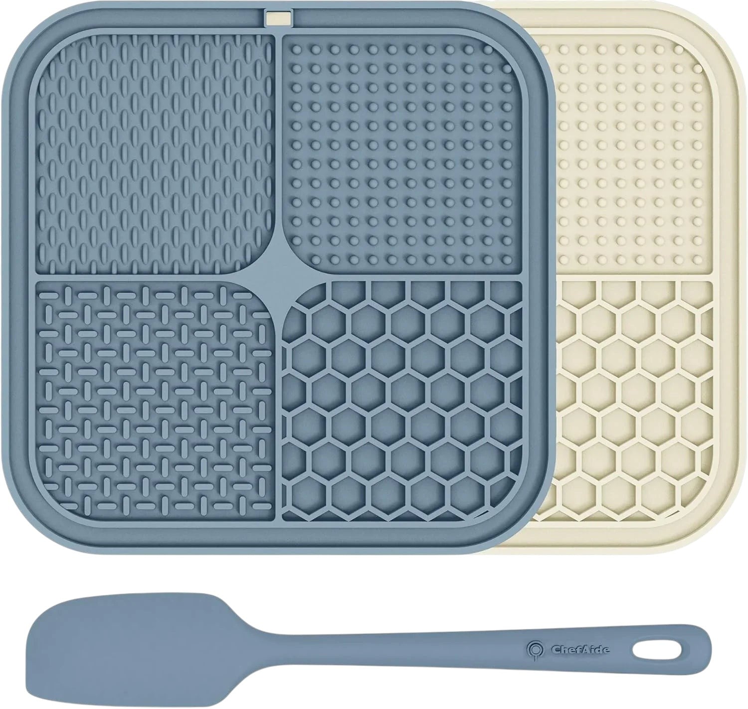 Essential Selects ChefAide gray and beige silicone lick mats for dogs with four textures and a matching spatula