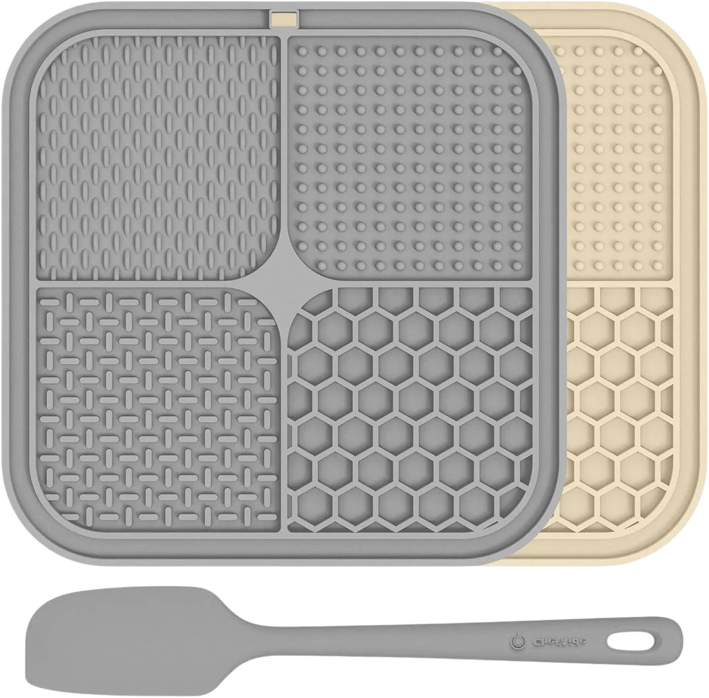 Essential Selects gray and beige silicone lick mats for dogs and cats with four textures and a matching spatula