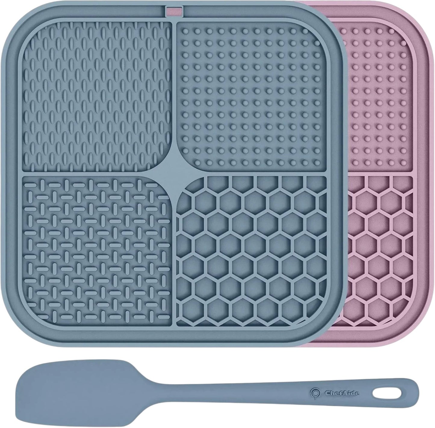 Essential Selects ChefAide gray and beige silicone lick mats for dogs and cats with a matching spreading spatula