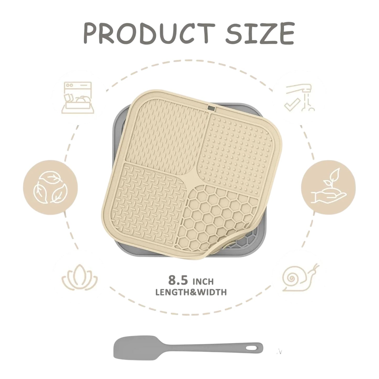 Essential Selects gray and beige silicone lick mats for dogs and cats with textured surfaces and included spatula