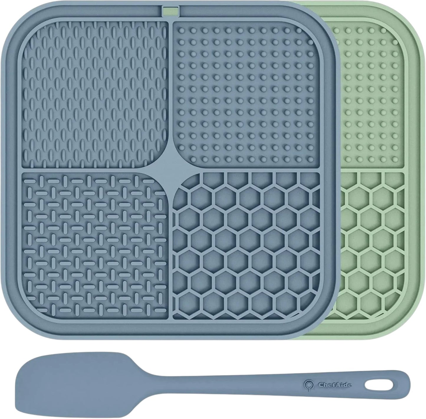 Essential Selects ChefAide gray and beige silicone lick mats for pets with four textures and a matching spatula.