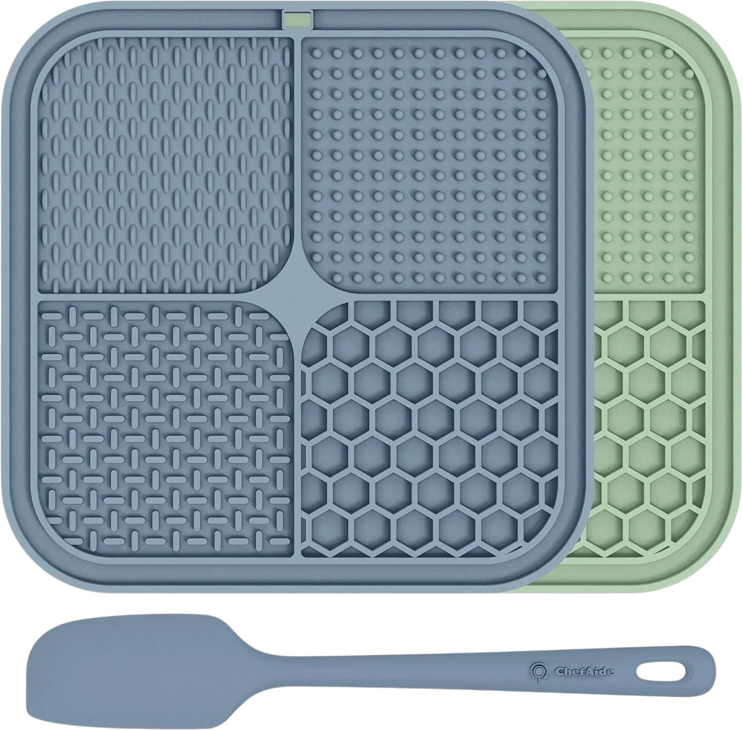 Essential Selects ChefAide gray and beige silicone lick mats for pets with four textures and a matching spatula.