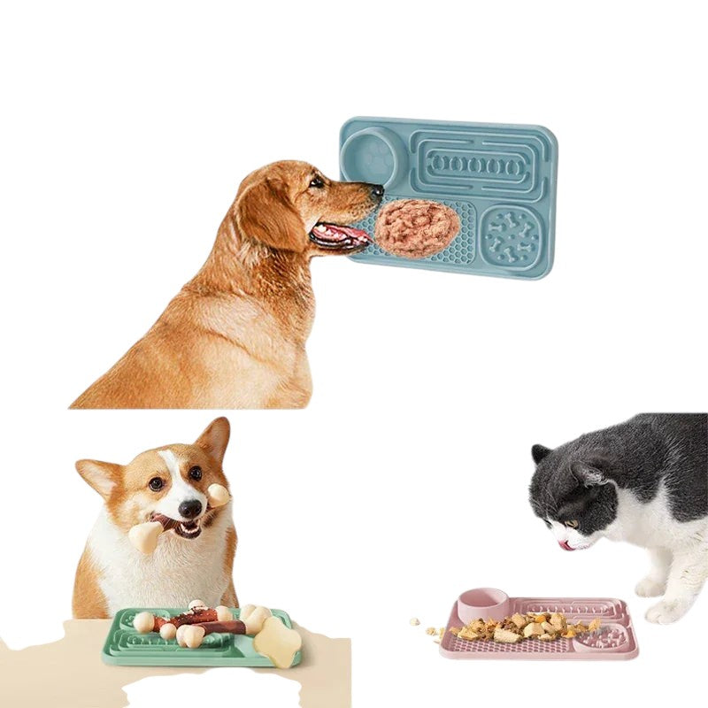 Essential Selects silicone slow feeder pet mats in grey, green, and pink for dogs and cats to improve eating habits.
