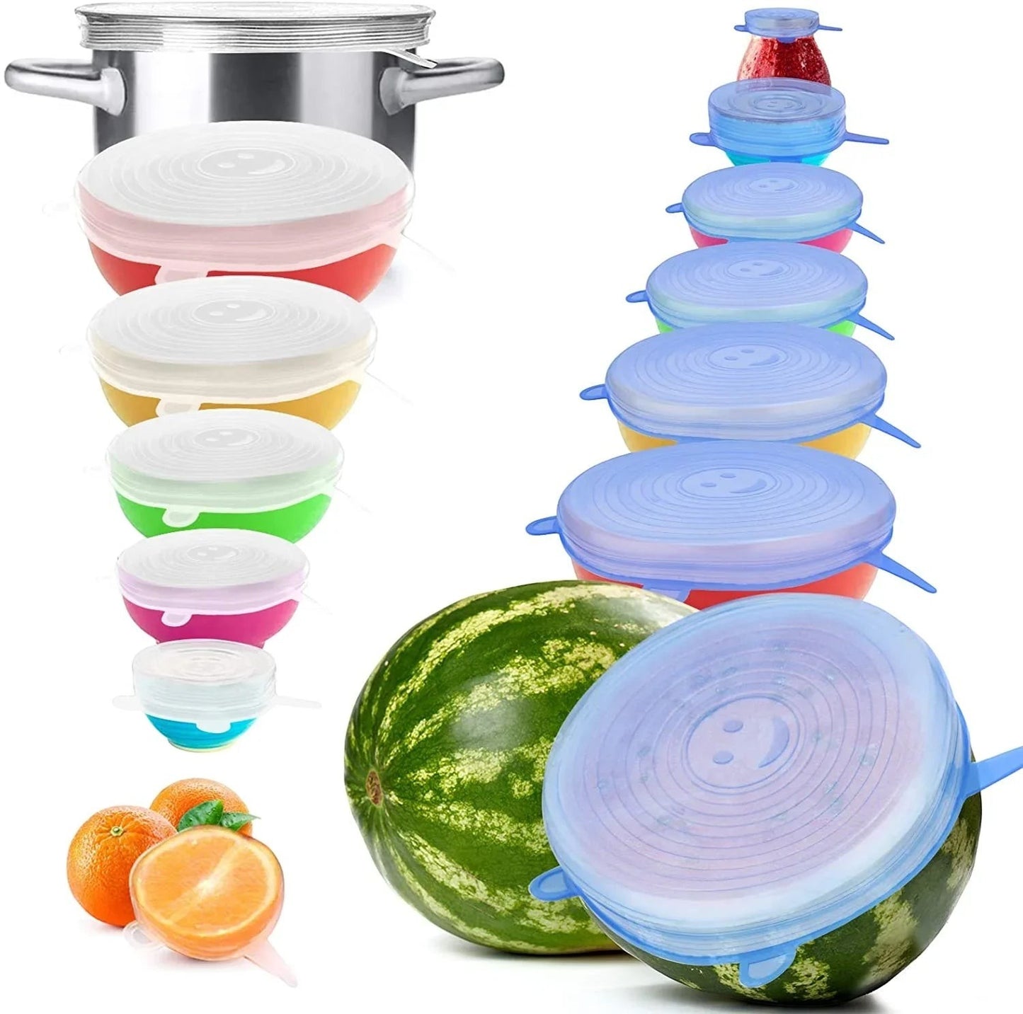 Essential Selects 14-piece blue and clear silicone stretch lids covering various bowls, jars, and fresh fruit.