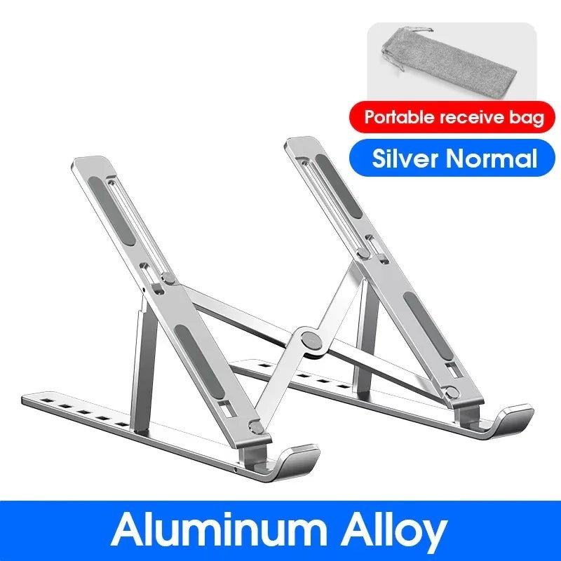 Essential Selects silver aluminum alloy adjustable laptop stand with a portable storage bag for desk organization.