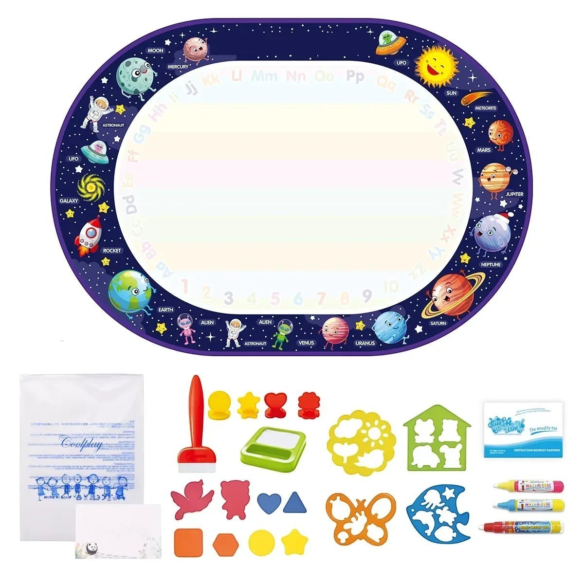 Essential Selects space-themed water drawing mat with alphabet border, water pens, and assorted shape stencils.