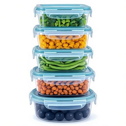 Essential Selects stackable food storage containers with blue leak-proof locking lids filled with various vegetables