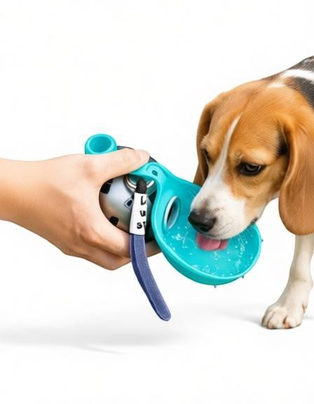 Essential Selects portable stainless steel dog water bottle with a blue collapsible silicone bowl being used by a beagle
