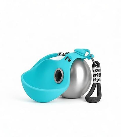 Essential Selects blue collapsible silicone bowl attached to a stainless steel dog water bottle with a carry strap.