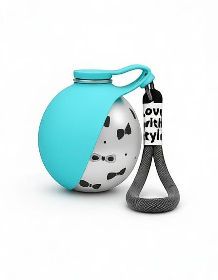 Essential Selects 10 oz stainless steel dog water bottle with a blue collapsible silicone bowl and carry strap.