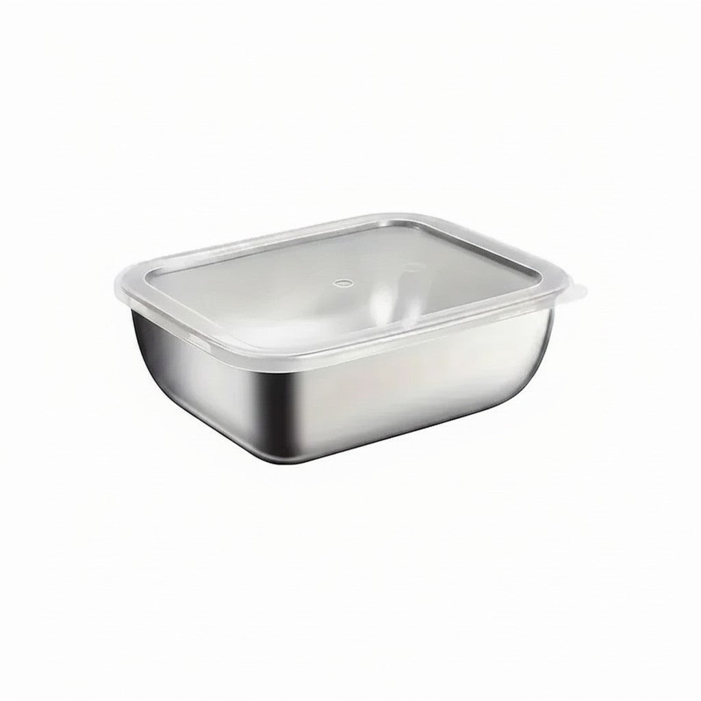 Essential Selects stainless steel meal prep container with a clear lid for food storage
