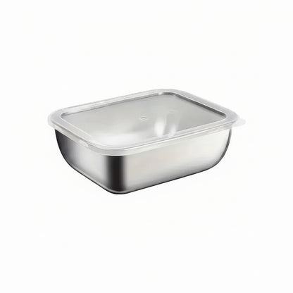 Essential Selects stainless steel meal prep container with a clear lid for food storage