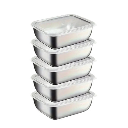Essential Selects 5-piece stackable stainless steel meal prep containers with clear lids for food storage.