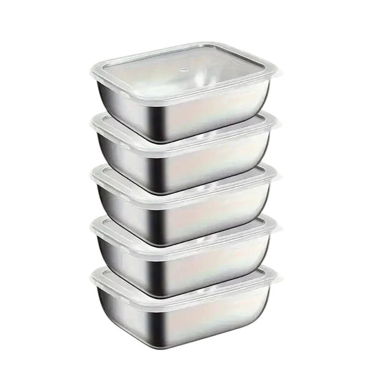 Essential Selects 5-piece stackable stainless steel meal prep containers with clear lids for food storage.