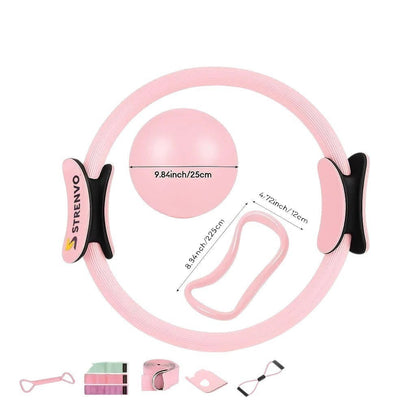 Essential Selects Strenvo 18-piece pink yoga and pilates ring set with resistance bands and exercise ball