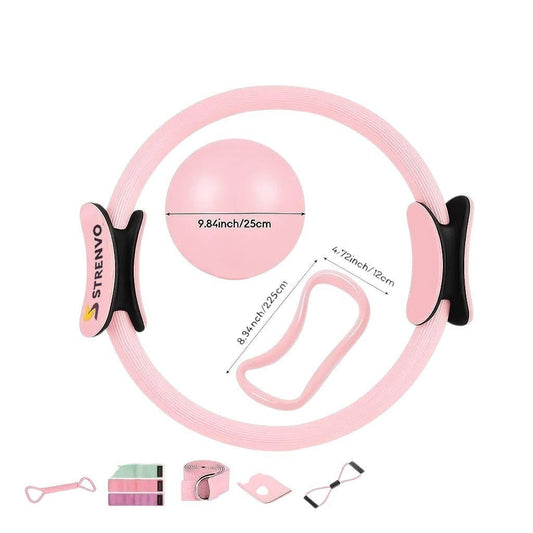Essential Selects Strenvo 18-piece pink yoga and pilates ring set with resistance bands and exercise ball