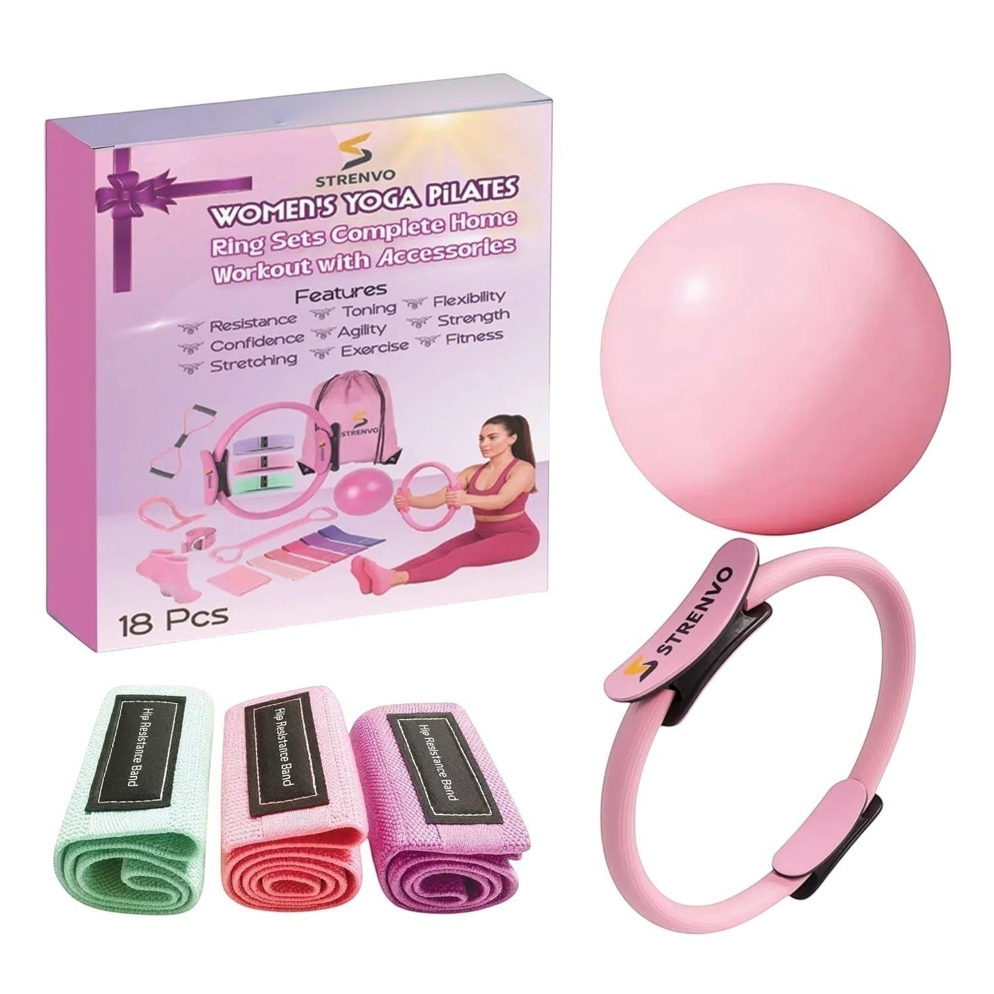 Essential Selects Strenvo 18-piece pink yoga and pilates ring set with resistance bands, yoga ball, and carry bag.