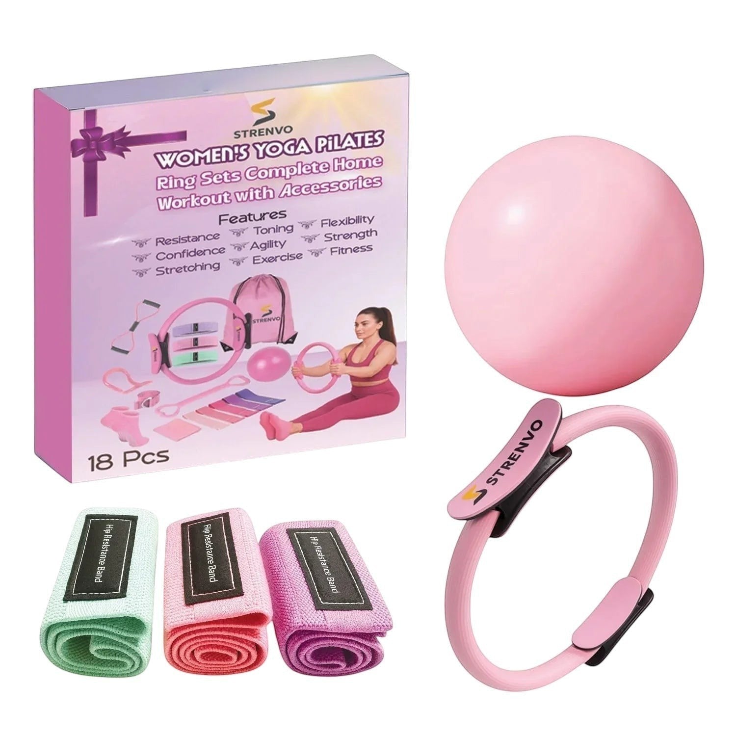 Essential Selects Strenvo 18-piece pink yoga and pilates ring set with resistance bands, yoga ball, and carry bag.