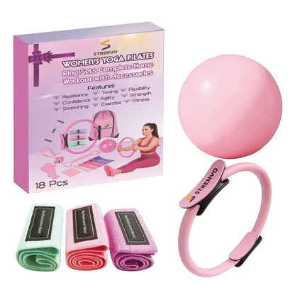 Essential Selects Strenvo 18-piece pink yoga and pilates ring set with resistance bands, yoga ball, and carry bag.
