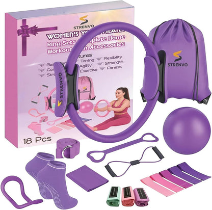 Essential Selects Strenvo 18-piece purple yoga and pilates ring set with resistance bands, ball, and carry bag.