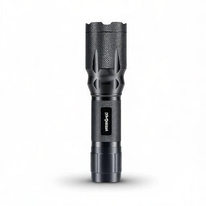 Essential Selects METII aluminum tactical flashlight with adjustable focus and red light mode for night vision.