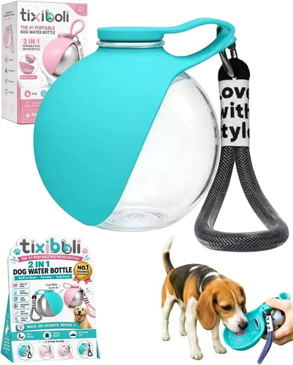 Essential Selects tixiboli 10 oz blue collapsible dog water bottle with integrated silicone bowl and carry strap