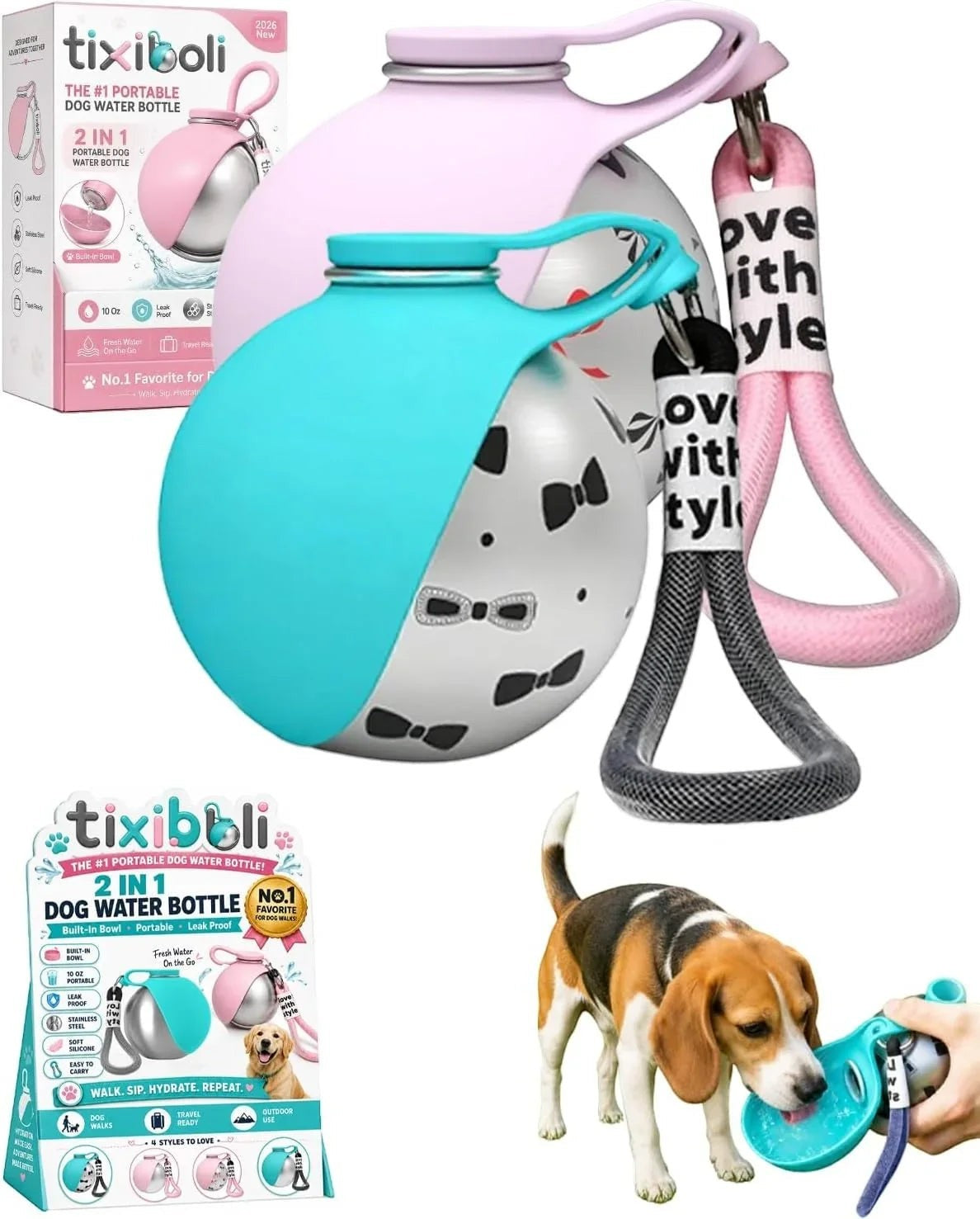 Essential Selects tixiboli 2-in-1 stainless steel dog water bottle with collapsible silicone bowl for outdoor travel